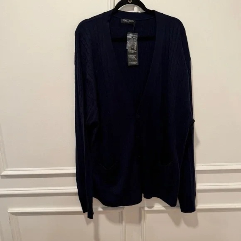 Kallspin Cardigan Sweater Men's 3XL Navy Blue Cable Knit‎ Button Front NWT